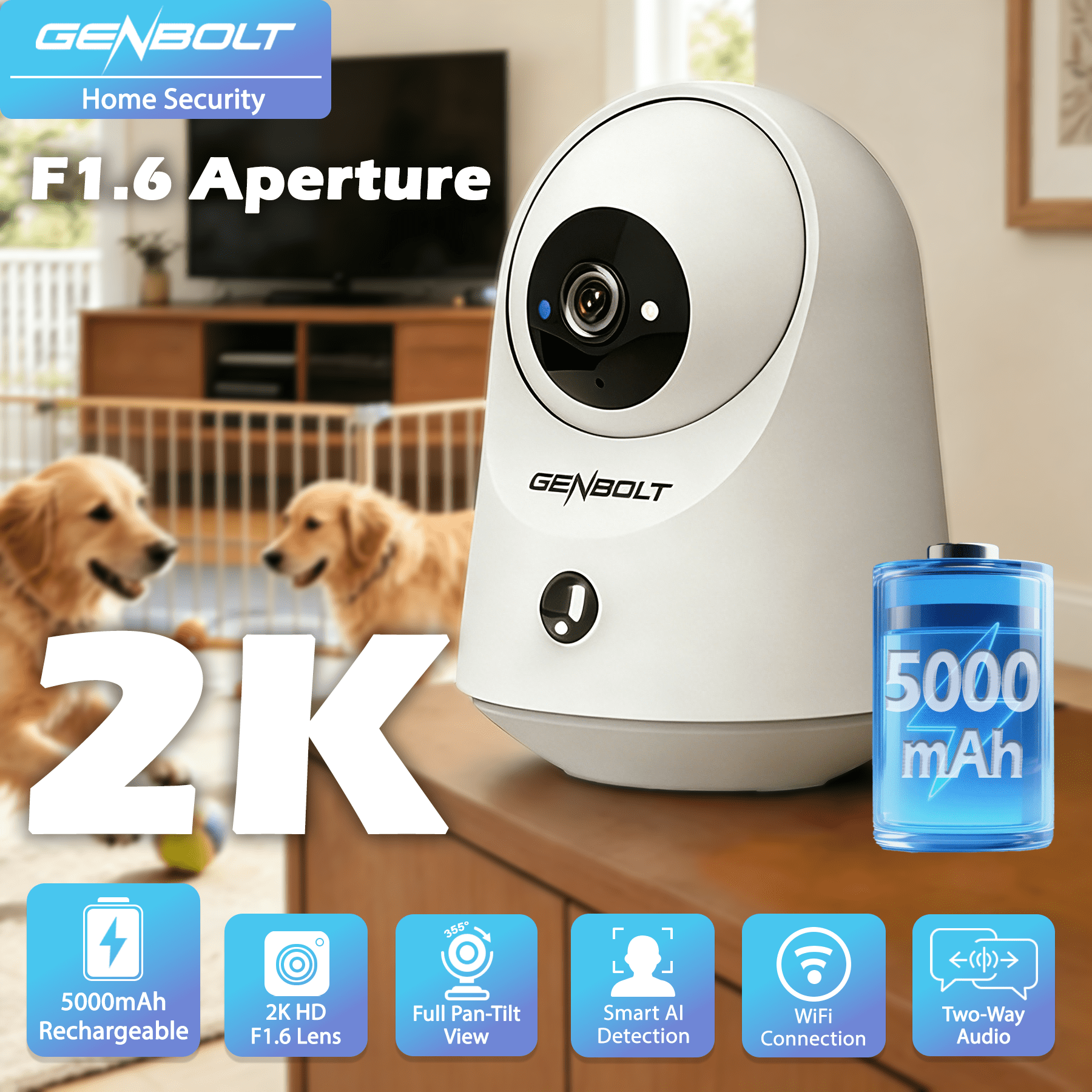 GENBOLT 2K WiFi Indoor House Security Camera Wireless, Pan Tilt Pet Camera with 5000mAh Battery Powered, IP Camera CCTV Nanny Dog Cam Baby Monitor with PIR Detection