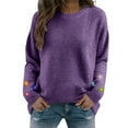 thumbnail image 5 of Women's Crochet Cuff Sweater, Long Sleeve Crewneck Pullover with Embroidered Wrist Detail, Boho Chic Knit Top, Artisan Style Crochet Accent Blouse for Women Purple S, 5 of 10