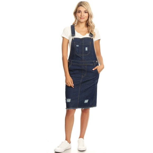 Junior Womens Distressed Denim Adjustable Strap Overall Dress, Indigo, X-Large