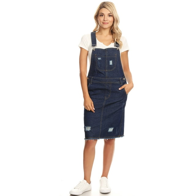 Junior Womens Distressed Denim Adjustable Strap Overall Dress, Indigo, Small
