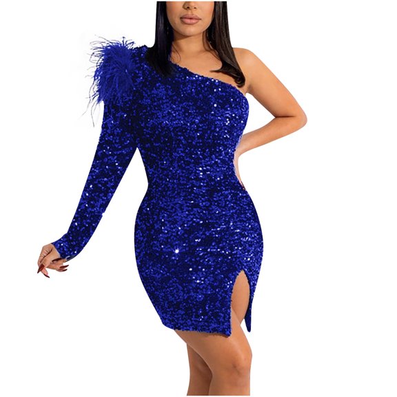 TIHLMK Long Dresses for Women Women's Slim Fashion Sexy One Shoulder Sequin Split Bag Hip Figure Dress Gift for Women