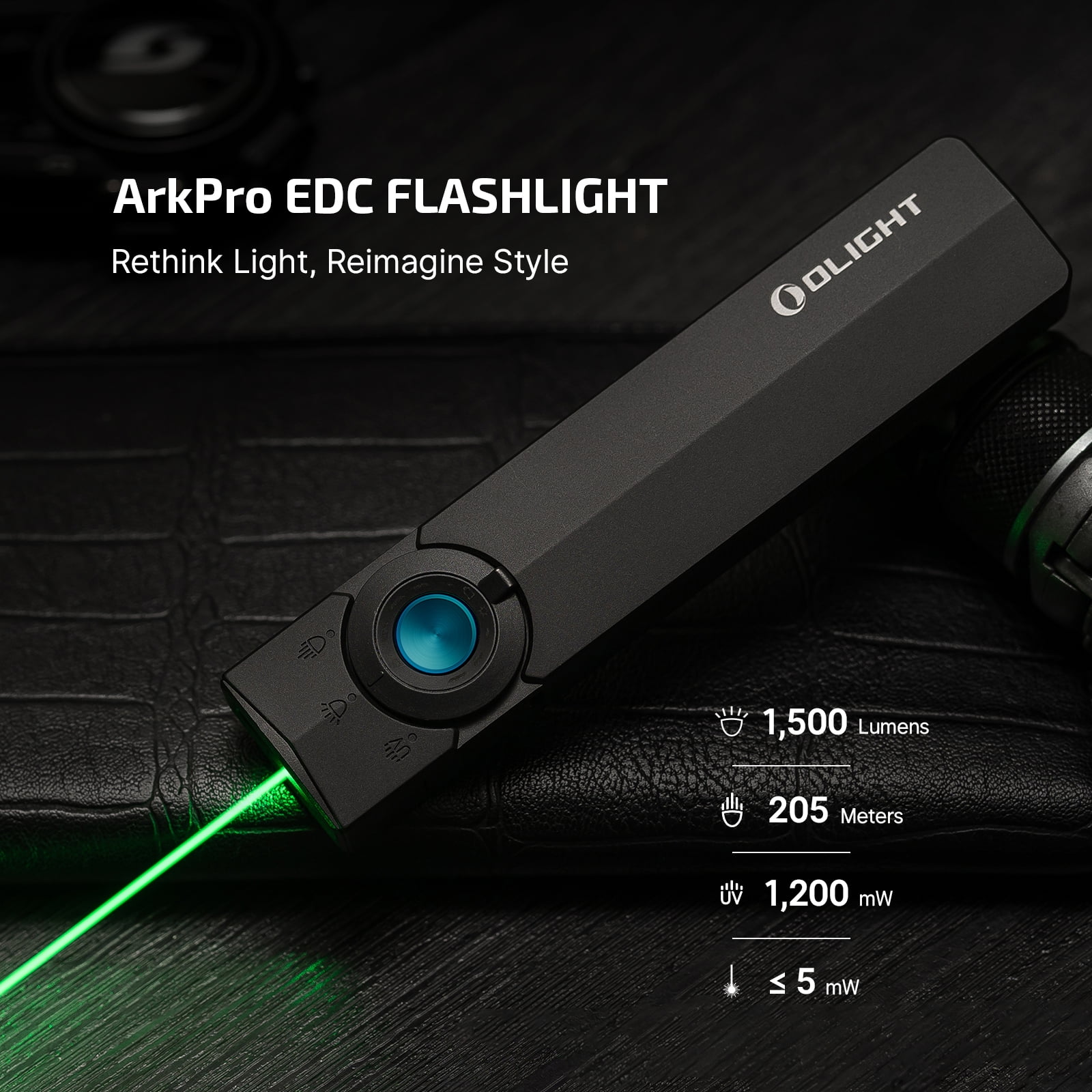 OLIGHT ArkPro EDC Flat Flashlight Rechargeable with Green Beam, UV and White LED,1500 Lumens USB-C Pocket Camping Flashlight, Spotlight Floodlight for Outdoor Emergency Working (Matte Black CW)