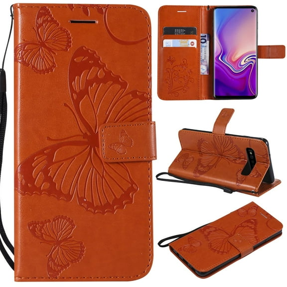 S10 Case, Samsung Galaxy S10 Case - Allytech Premium Wallet PU Leather with Fashion Embossed Floral Butterfly Magnetic Clasp Card Holders Flip Cover with Hand Strap, Orange