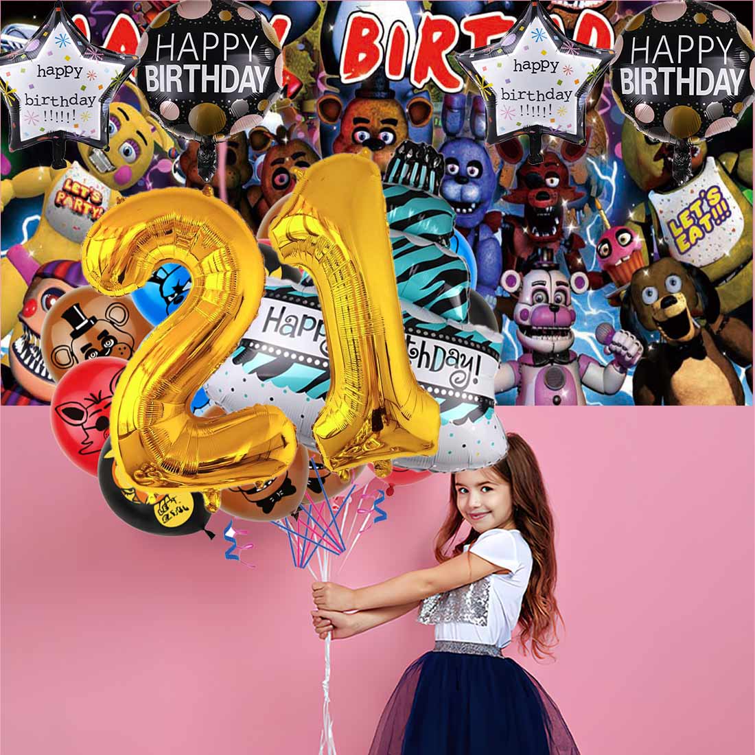 Five Nights At Freddy's Foil Balloon Set - Birthday Party Decorations - Age Numbers & Characters