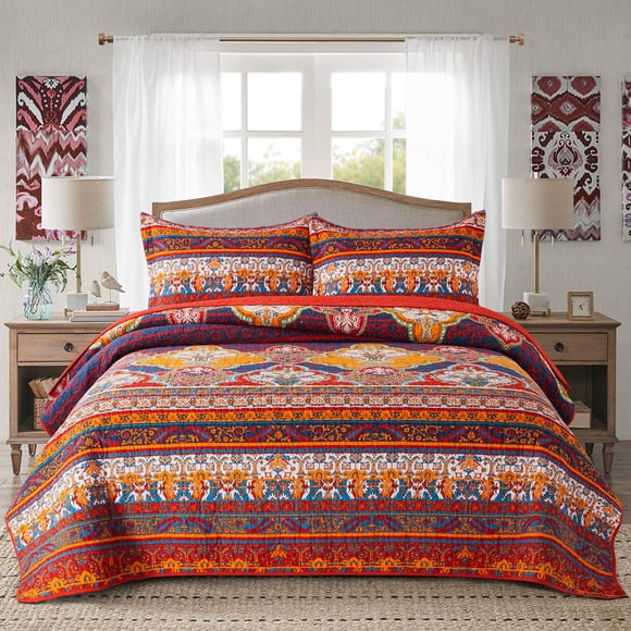 Juego de colcha acolchada NEWLAKE tamaño twin 173x218 cm de algodón boho