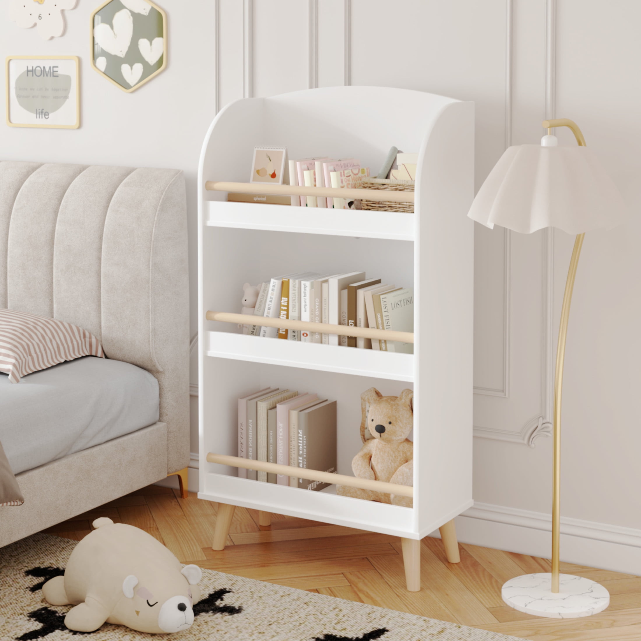 Noble House 3-Tier Kids Bookshelf and Toy Storage Cabinet, MDF and Pine Book Organizer for Nursery or Playroom, White