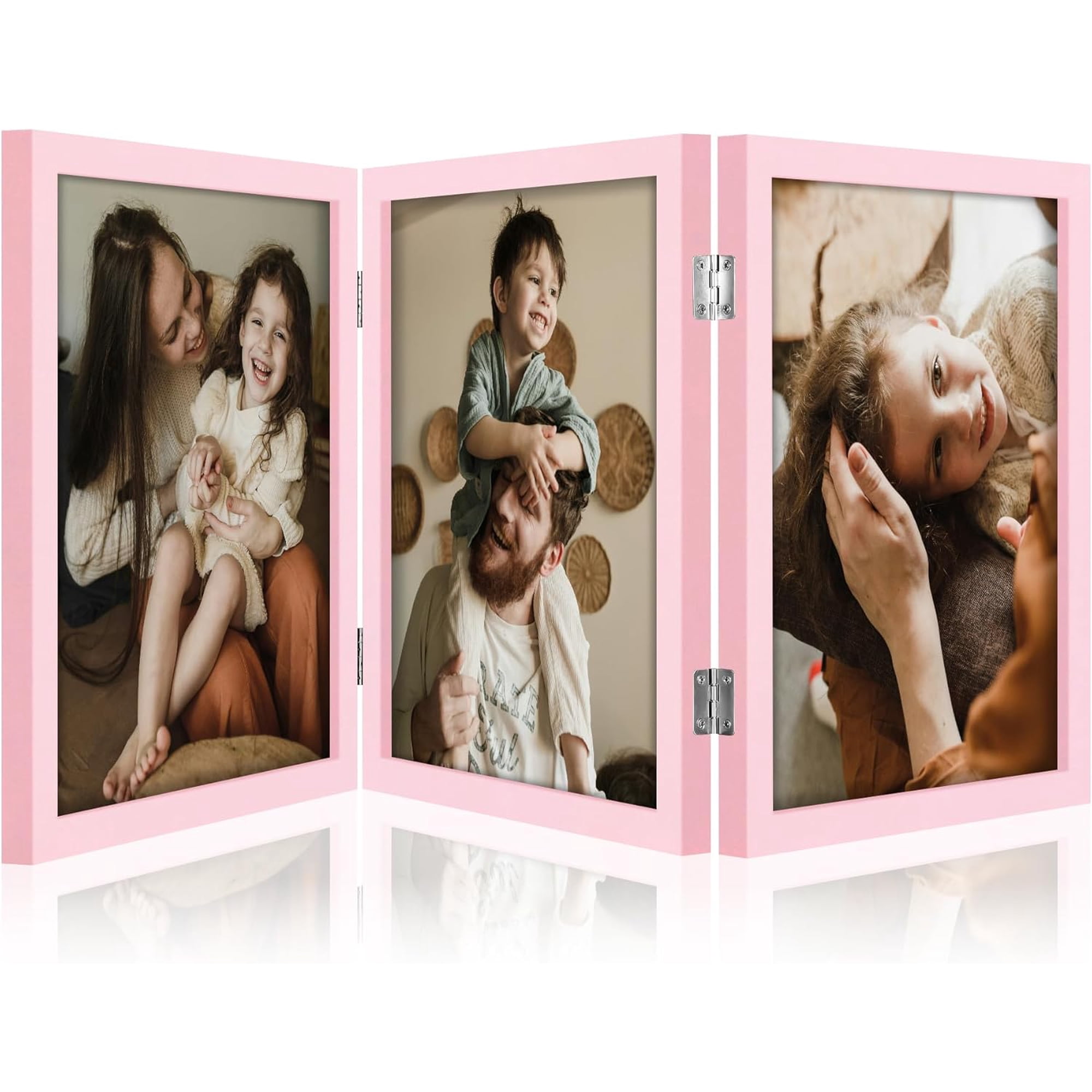 Triple 8X10 Picture Frame Vertical Engineered Wood Trifold Photo Frame with Plexiglass for Tabletop Display 8X10 Pink