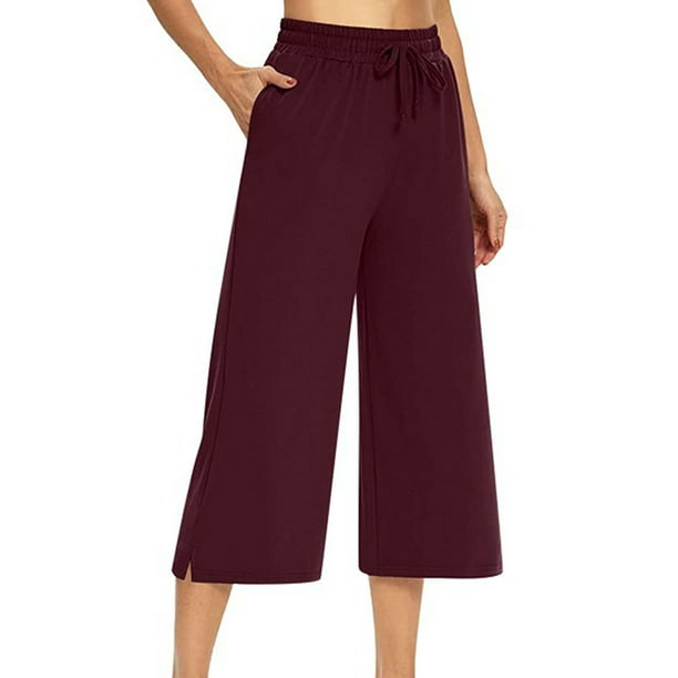 Flmtop Wide Leg Solid Color Soft Drawstring Pockets Elastic Waist Women Capri  Pants for Daily Life 