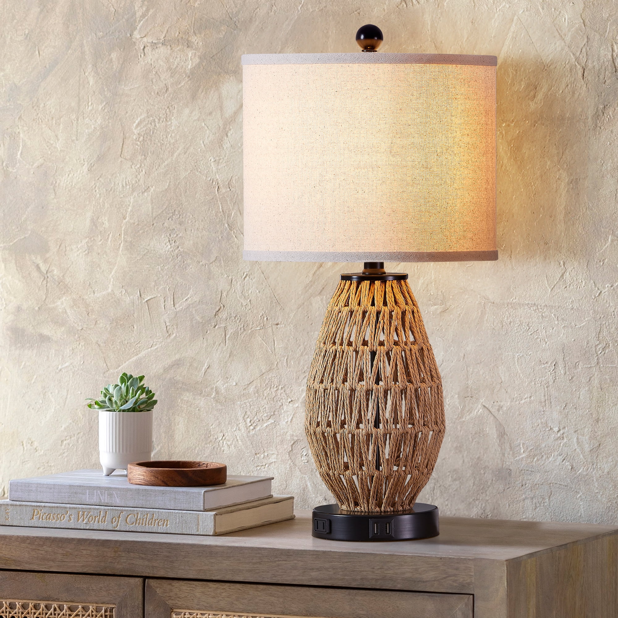 Cinkeda Rattan Table Lamps for Living Room Bedroom Modern 3 Way Dimmable Touch Nightstand Bedside Lamp with USB Ports AC Outlet