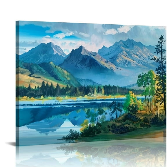 Acheng Nature Mountain Canvas Wall Art National Park Painting Lake Blue Ridge Landscape Picture, Panoramic Artwork Framed for Home Office Living Room Bedroom Bathroom Wall Decor 20x16in