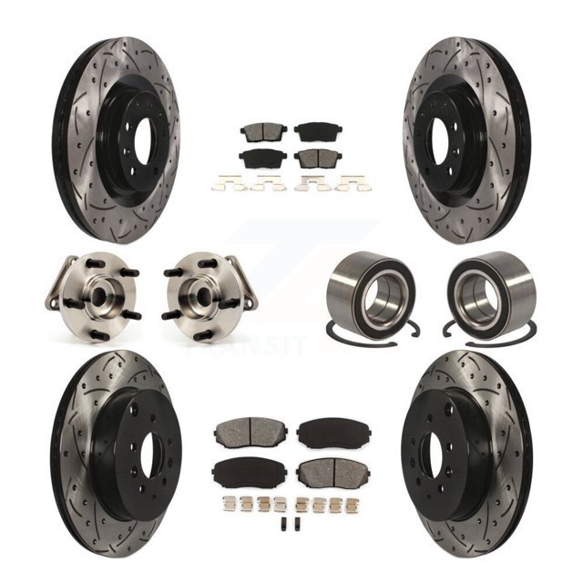 Transit Auto Front Rear Wheel Hub Bearings Assembly Coated Disc Brake Rotors and Semi-Metallic Pads Kit (10Pc) for Car 2007-2015 Mazda CX-9 AWD - Left Right Side (Driver Passenger) KBB-107468