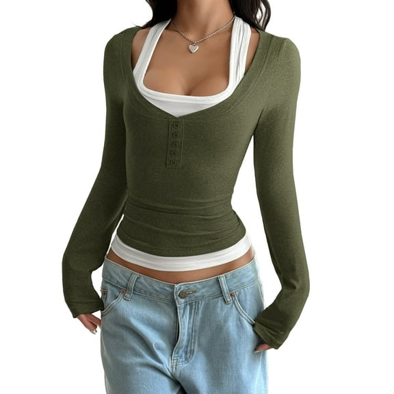 Women'S Long Sleeve Henley T Shirts Button Ribbed Knit Slim Fit Casual Basic Tops Blouse Olive Green L