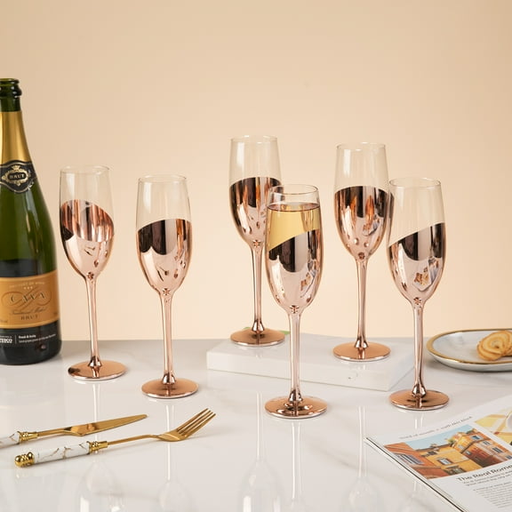 MyGift Set of 6 Stemmed Rose Gold Champagne Flute, Decorative Wedding Wine Glassware