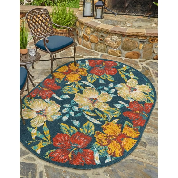 Unique Loom Outdoor Coastal Collection Area Rug - Cicek (4' 1" x 6' 1" Oval Multi/Light Brown)