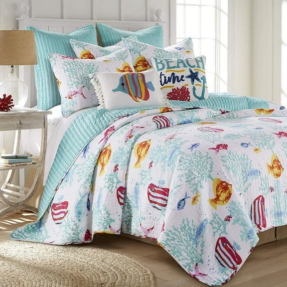 Homthreads - Playa Vista Quilt Set - Queen Quilt (88x92in.) Two Standard Pillow Shams (26x20in.) - Watercolor Coastal - Teal Blue Yellow Orange Red - Reversible - Cotton Fabric