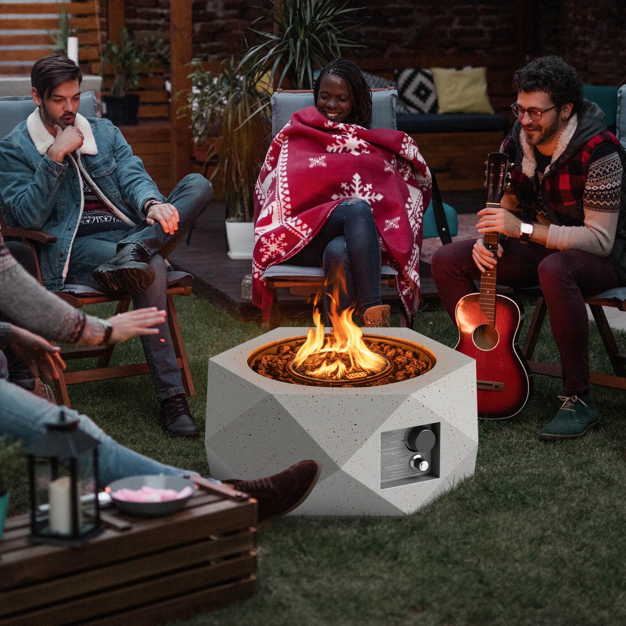 Costway 28" Hexagon Terrazzo Propane Gas Fire Pit with Stainless Steel Burner & Lava Rocks