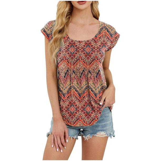 Tops de Cuello Redondo para las Mujeres Impreso Plegado Hombro Insertado Blusa, Manga Corta Nylon Spandex Top para el Hogar Y el Uso Casual Diario
