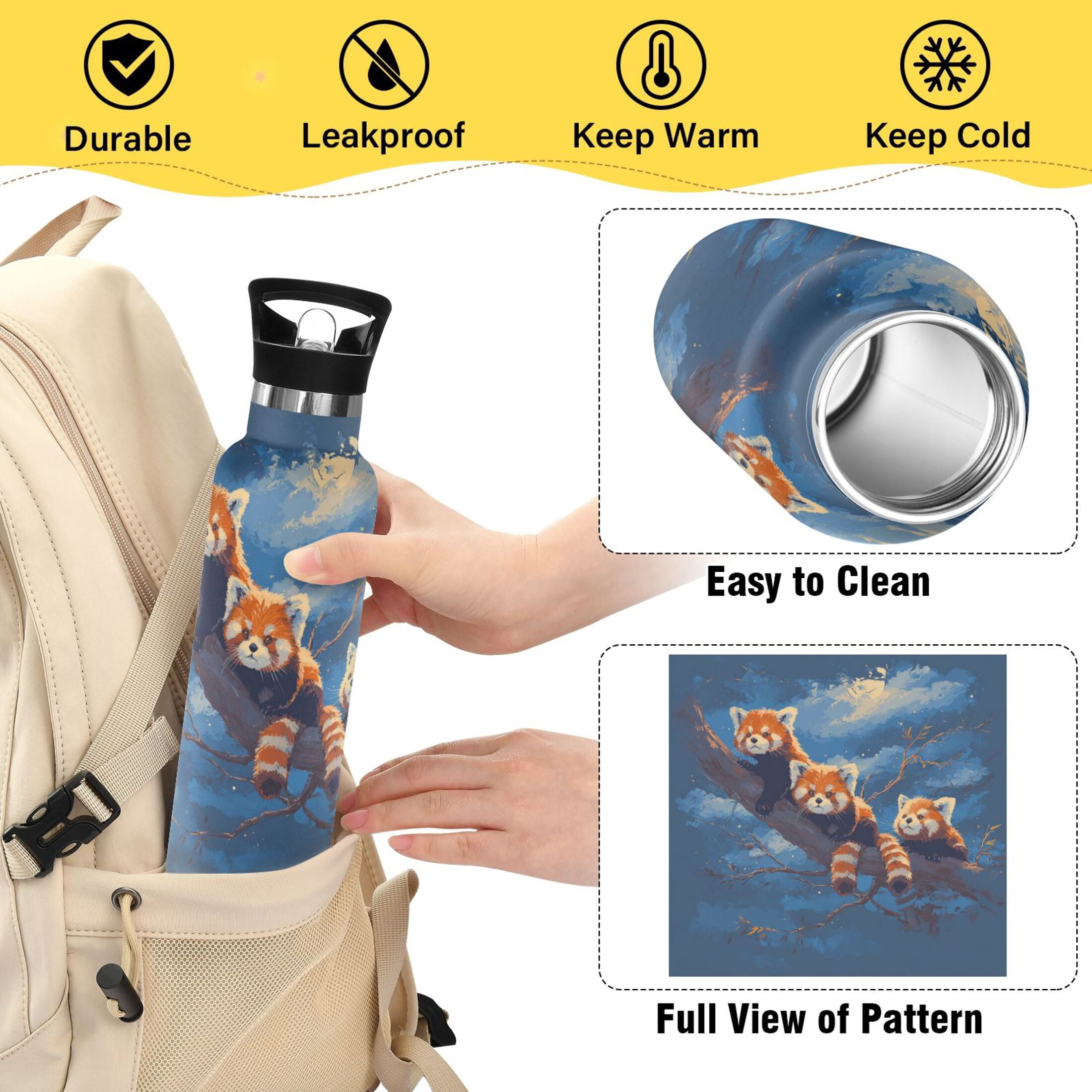 Kids Insulated Stainless Steel Sports Water Bottle 600ml Cute Red Panda