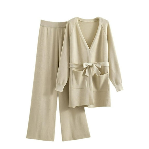 Women's 2 Piece Sweater Outfits Set with Belt Fall Clothes Loungewear Casual Loose Elegant Jogger Long Sleeve Open Front Cardigan Wide Leg Pants Solid Color Sweater Comfy Beige L