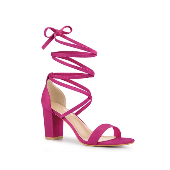 BLISSFUL STEP Women's Open Toe Lace Up Tie Up Block Heeled Sandals Hot Pink 5.5
