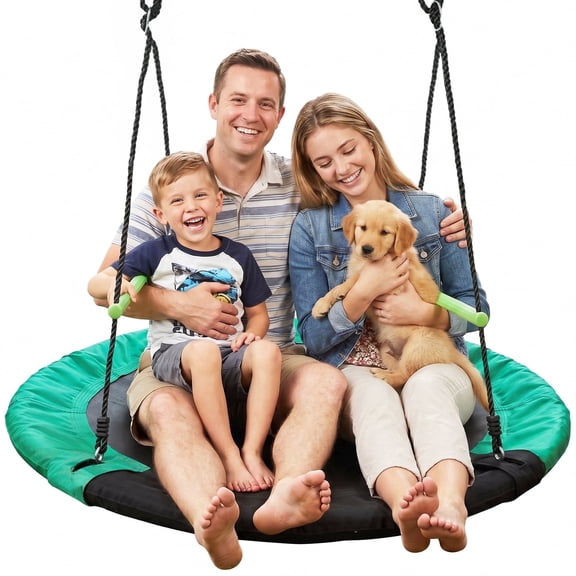 40 in Saucer Tree Swing, Round Outdoor Swing with Heavy-Duty Steel Frame, Foam Padding, Oxford Fabric Seat & Handles, Black/Green