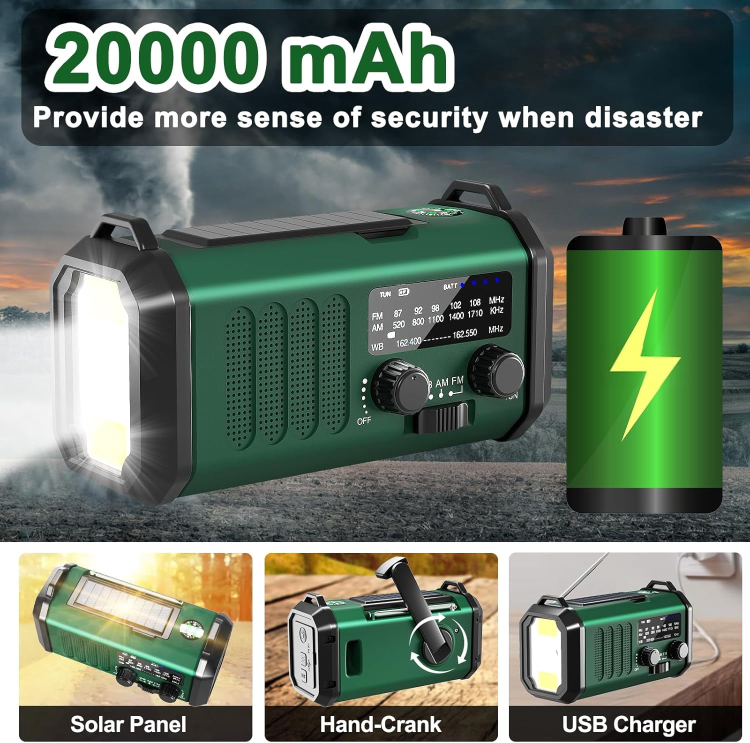 Hand Crank Emergency Radio,  Weather Radio with  Solar Radio,10000mAh Rechargeable Battery Powered, USB-C Charger, Flashlight, SOS Alarm, for Storm, Hurricanes Outdoor Survival Emergencies