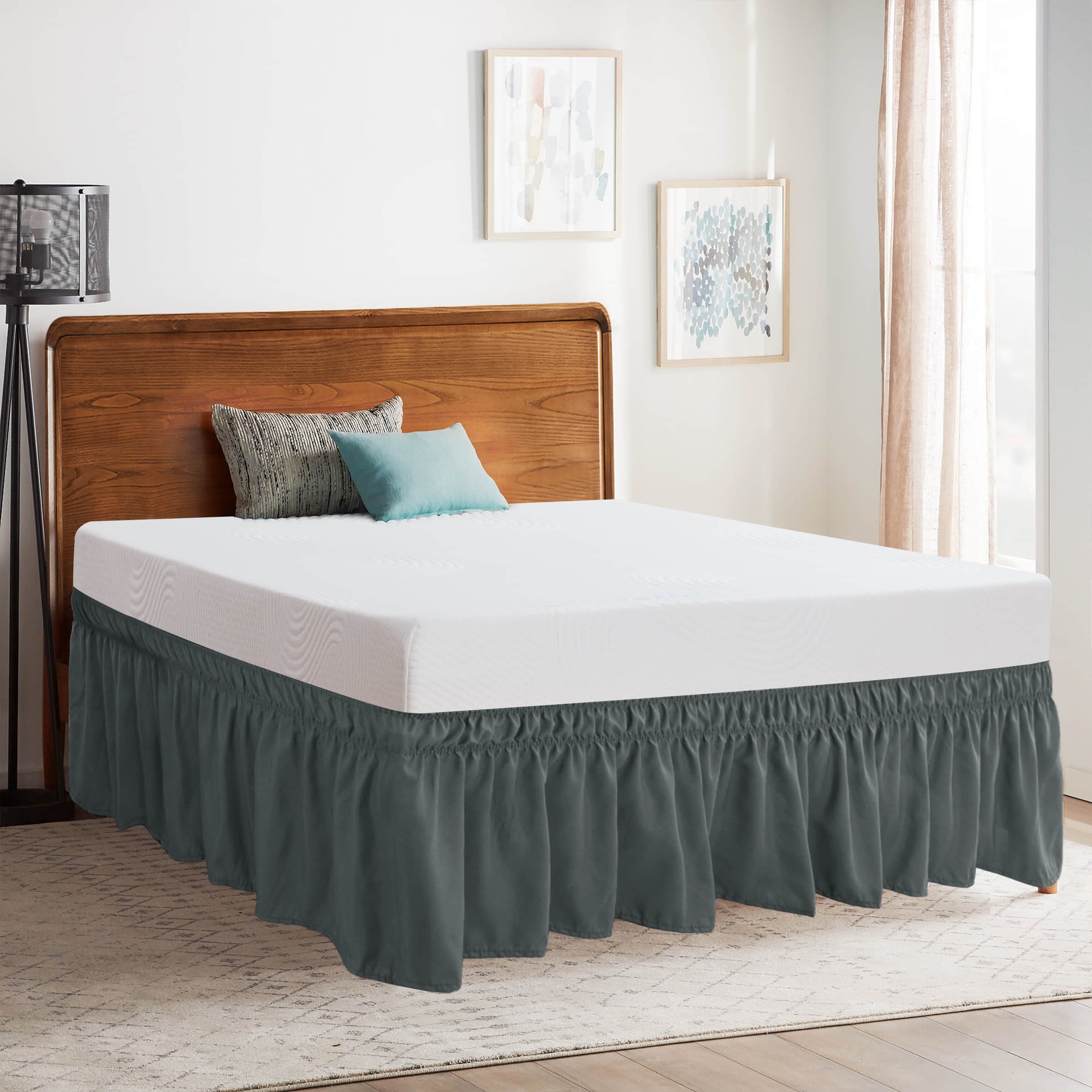 Subrtex Bed Skirt Wrap-Around Dust Ruffle Elastic 16 Inch Bed Cover, Full, Gray