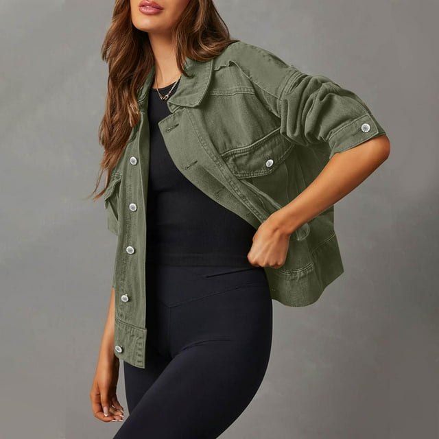 EGNMCR Manteaux et Vestes en Denim Sans Capuche à Manches Longues pour Femmes, Mode 2024 pour Femmes Veste de Travail Courte à Boutons en Denim Manteau Veste en Denim Sans Capuche à Manches Longues/veste Femme Gilet en Denim