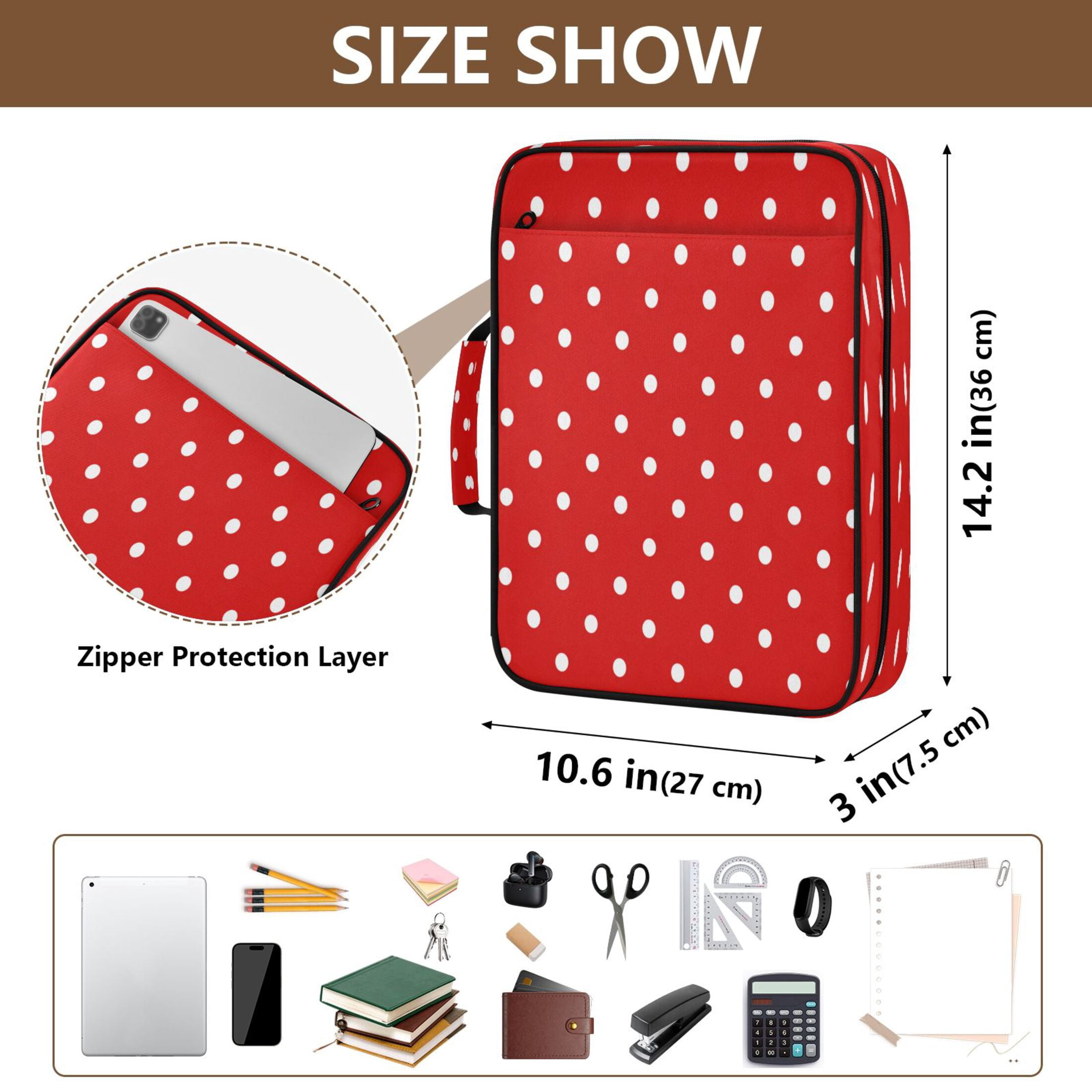 3 Ring Zipper Binder with Accordion File Organizer Waterproof Back to College Binder - 7 Layer Document Organizer for Study Home Office College Travel Supplies Red White Mini Polka