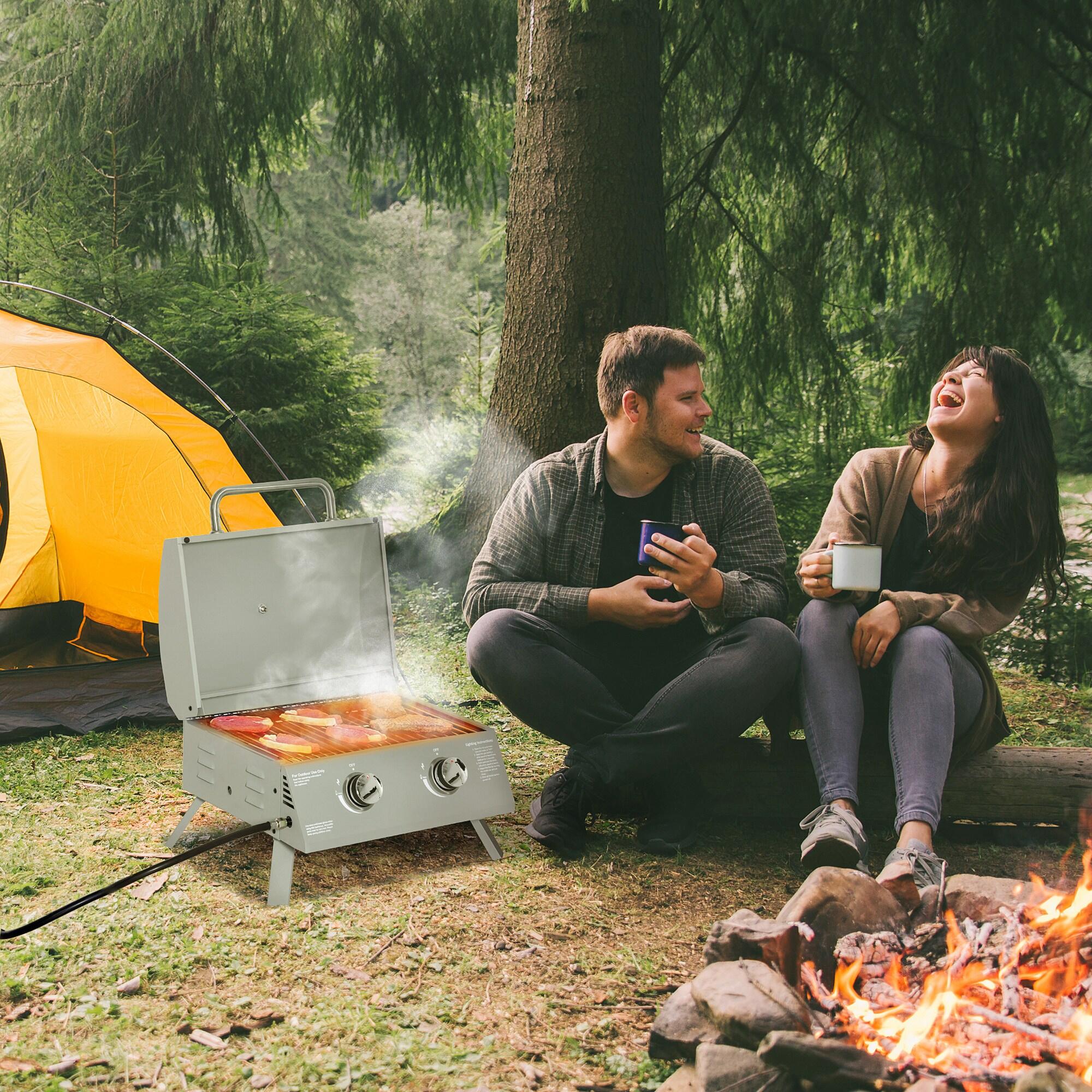 Outdoor Grill, 2 Burner Propane Gas Grill Outdoor Portable Tabletop BBQ with Foldable Legs, Lid, Thermometer for Camping, Picnic, Backyard, Light Grey, Light Grey BBQ Grill,Steel Tabletop Grill