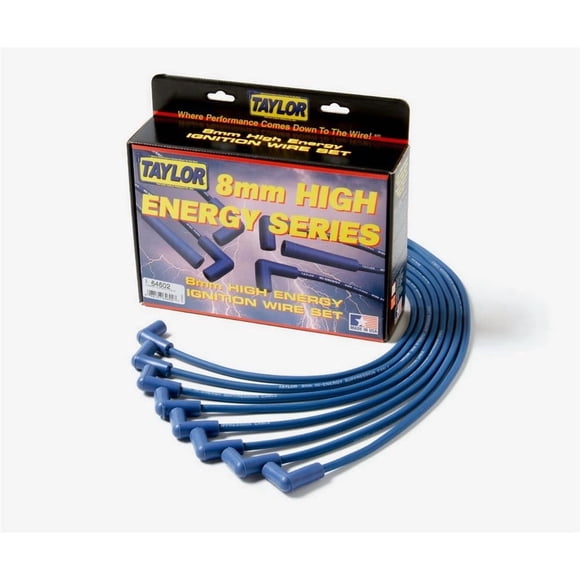 Taylor Cable Spark Plug Wire Set 64602 High Energy Custom; Pre Assembled; Blue; 8 Millimeter Diameter; Silicone; Wire Core; HEI Distributor End; 350 Ohms Per Foot Resistance; With Coil Wire