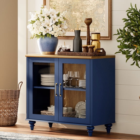 34" Buffet Cabinet with 2 Glass Doors, Kitchen Storage Cabinets, Wood Coffee Bar Table with Adjustable Shelf, Sideboard Credenza for Dining Room, Navy Blue