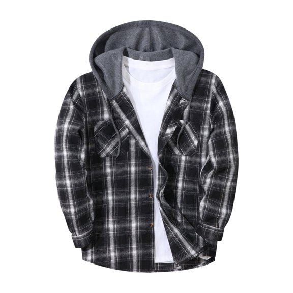 Iaqnaocc Flannel Plaid Hoodie Shirts for Men Long Sleeve Button Down Casual Fashion Classic Fall Jackets for Men Black L