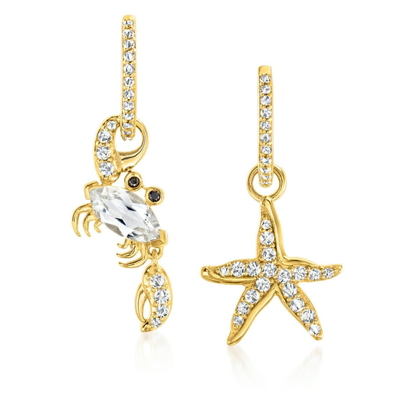 Ross-Simons 2.20 ct. t.w. White Topaz Starfish and Crab Mismatched Drop Earrings With Black Spinel Accents in 18kt Gold Over Sterling, Women's, Adult