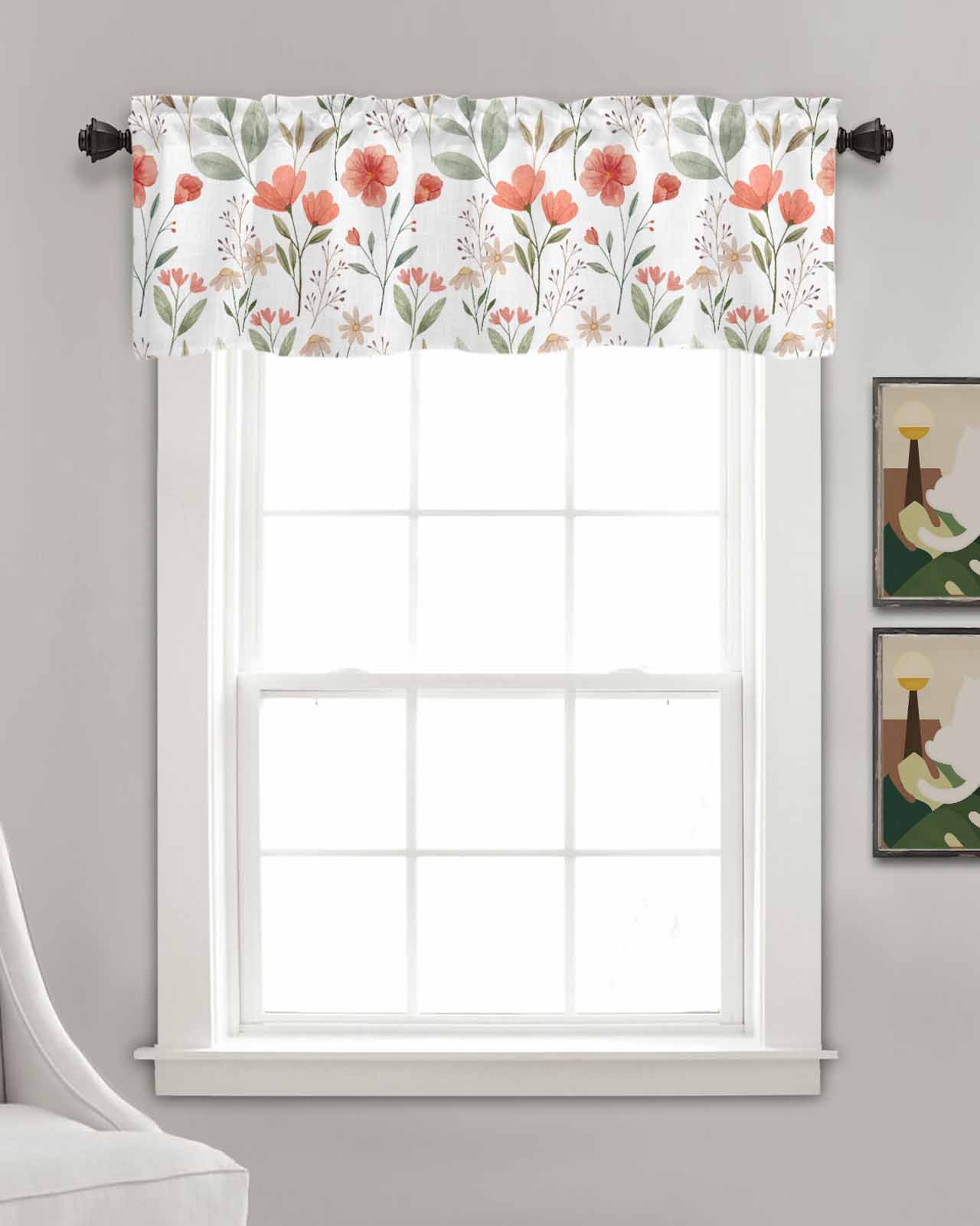 Botanical Flower Linen Curtain Valance for Bedroom/Bathroom/Kitchen/Office/Living/Dining Room Windows,Watercolor Floral Leaves Rod Pocket Topper Drapes Decorative Cafe Drapery Panel 54x18