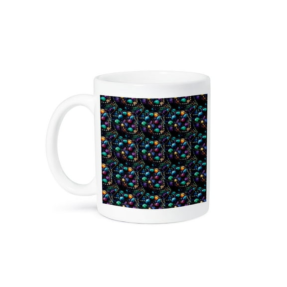 3drose, Geometric Pattern of Dark Purple, Green, Yellow Beads, Mardi Gras Joy, 11oz Mug