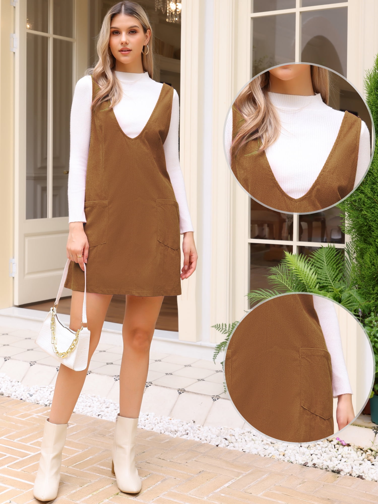 DARING DIVA Women's Corduroy Deep V Neck Casual Mini Pinafore Dresses S Brown