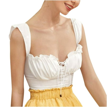 

JGGSPWM Women s Ruffle Sleeveless Tie Up Crop Top off Shoulder Blouse Slim Fit Camisole Sexy Solid Cami Y2k Bustier 白色 M