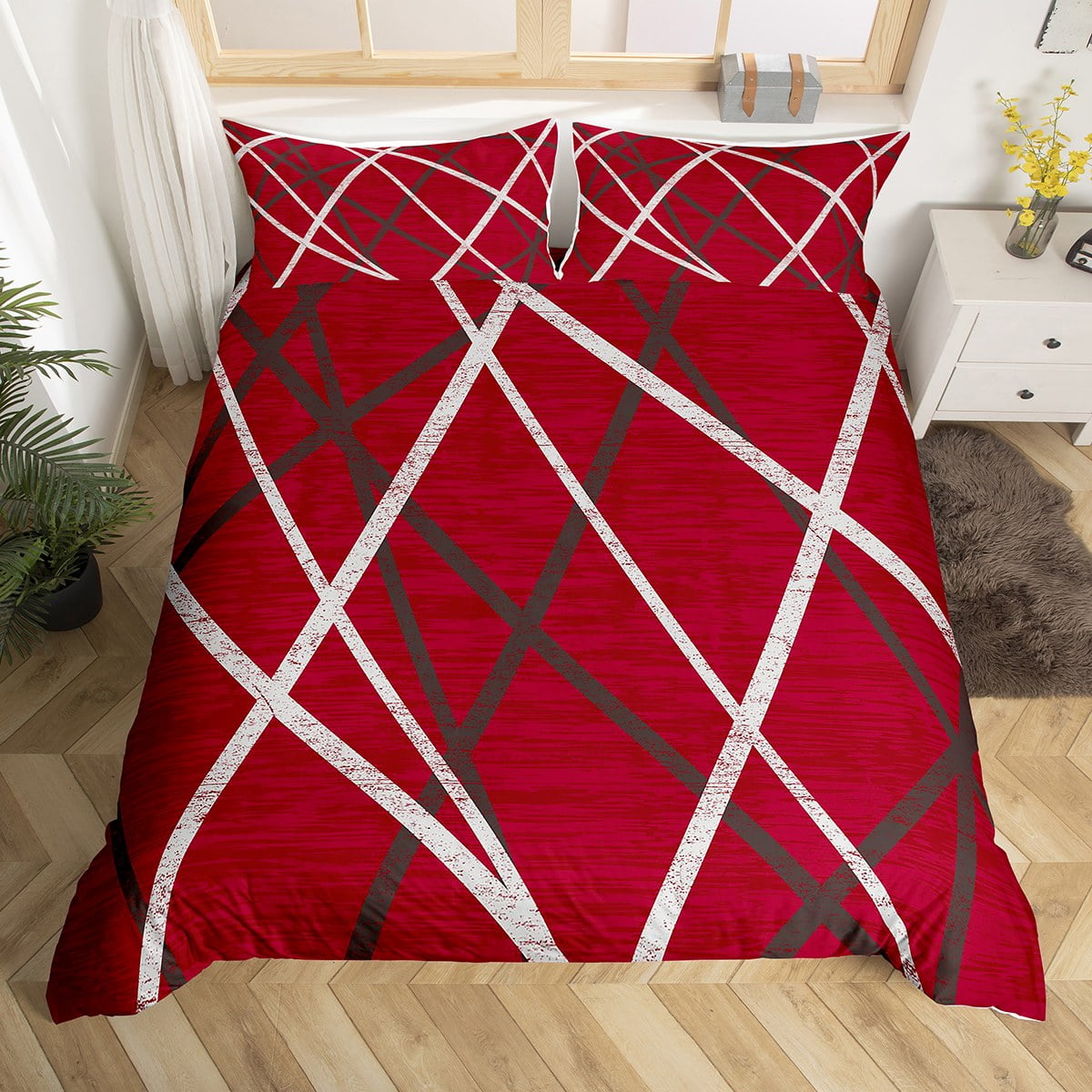 YST Red Black White Duvet Cover King Size,Modern Farmhouse Bedding for