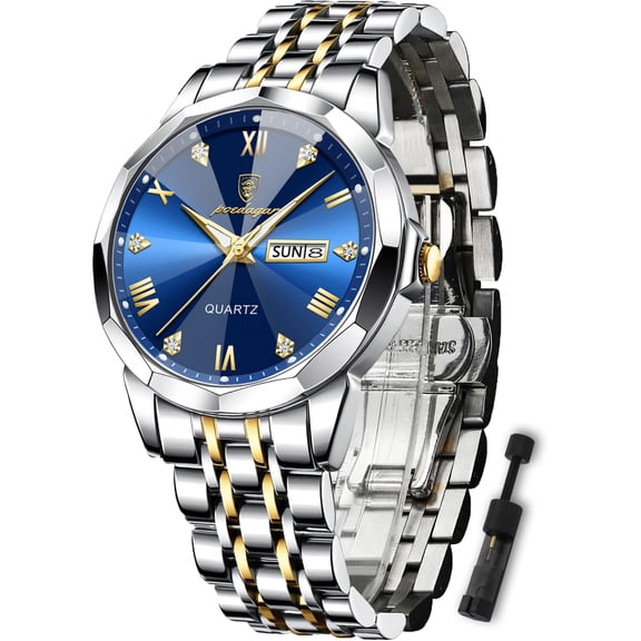 Poedagar Luxury Men's Stainless Steel Waterproof Quartz Watch, Blue Dial, Dual Date Luminous Display