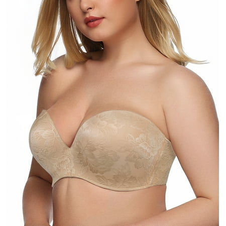 

Exclare Women Hand Shape Jacquard Strapless Bra Custom Lift Wirefree Push Up Seamless Bras(Beige 32B)