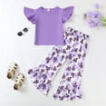thumbnail image 2 of Kucnuzki 4T Toddler Baby Girl Spring Summer Outfits Pants Sets 5T Fly Sleeve Pure Color Casauk Tee Top Elastic Floral Flare Pants 2PCS Set Purple, 2 of 9