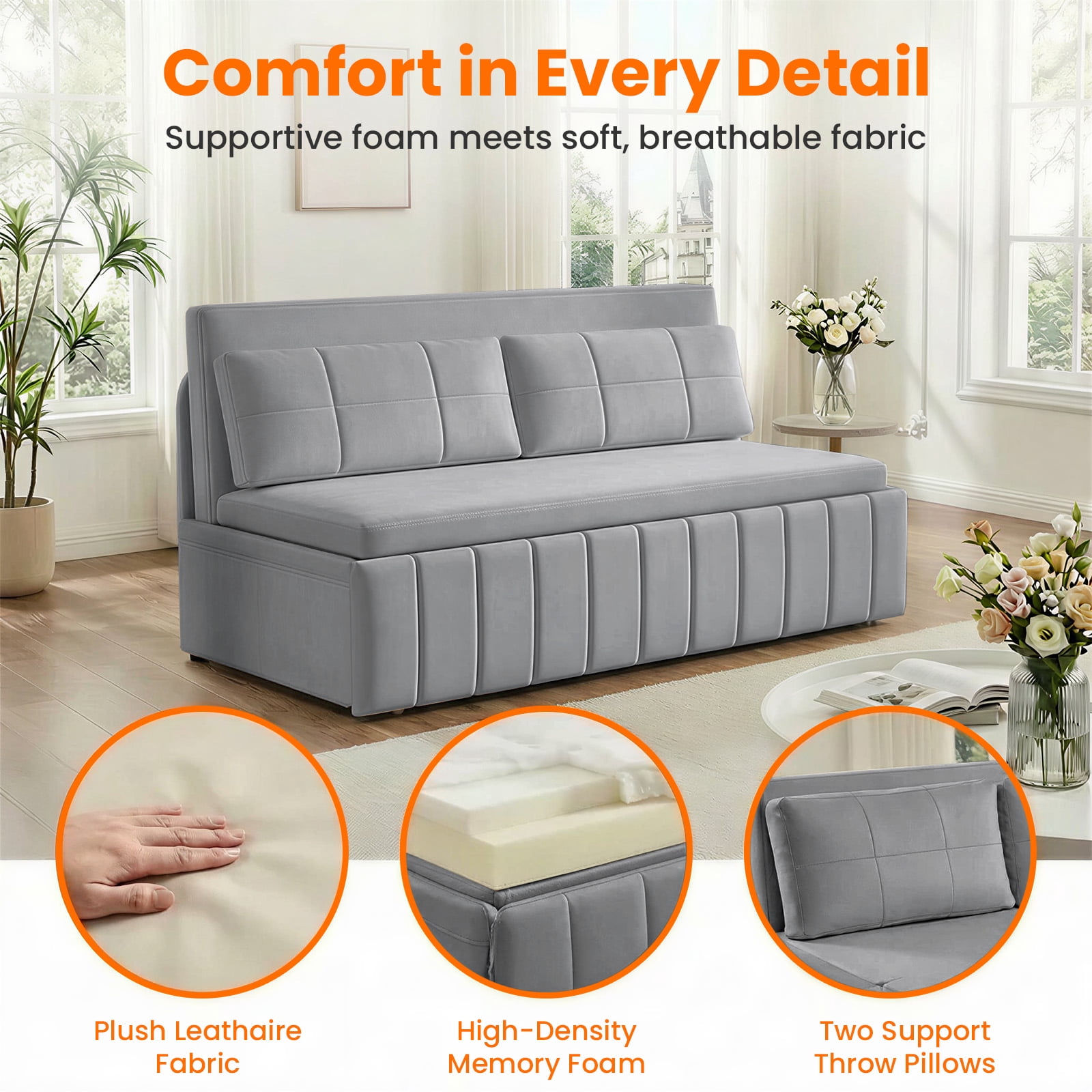 Puremind Queen Size Pull Out Sofa Bed, Convertible Sleeper Sofa with Pull Out Bed, Loveseat Couch Bed with Pillows for Living Room/Apartment, Light Gray