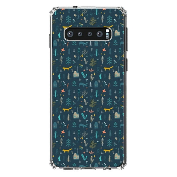 DistinctInk Clear Shockproof Hybrid Case for Samsung Galaxy S10 (6.1" Screen) - TPU Bumper, Acrylic Back, Tempered Glass Screen Protector - Modern Floral - Navy - House, Deer, Tree