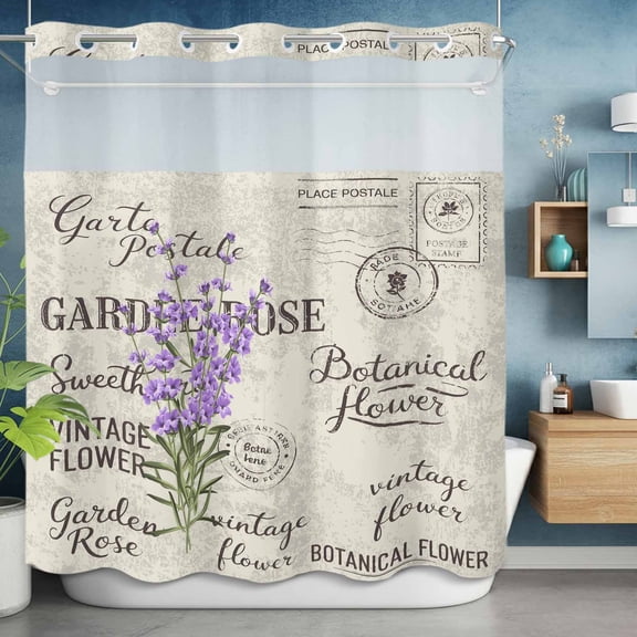 No Hook Shower Curtain with Snap in Liner, Lavender Leaves on Vintage Letter Waterproof Fabric Bathroom Curtain Mesh Top Window, Botantical Flower Shower Curtains 72x72in