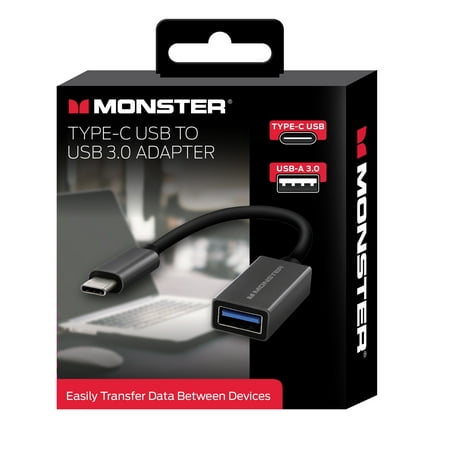 Monster 6" Flexible Type-C USB To USB-A 3.0 Adapter, Metal Housings, Indoor, Computer, Phone