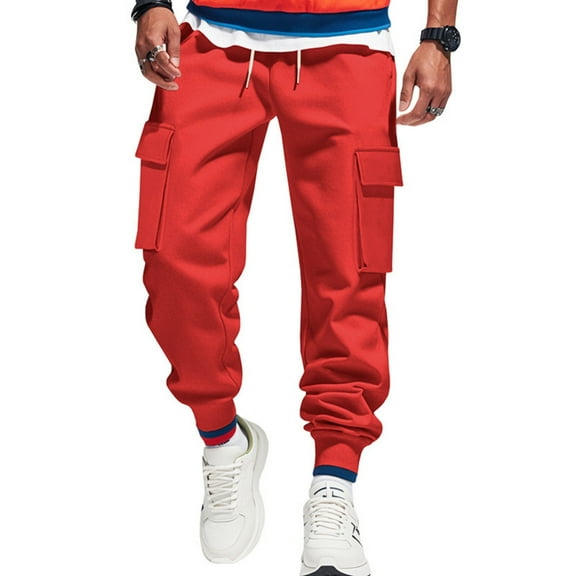 Zimjoy Red Work Pants for Men Elastic Waist Plus Size Taper Leg Weatpants for Men Drawstring Gym Men's Pants Baggy Lightweight Mens Clothing with 5-Pockets, Red L