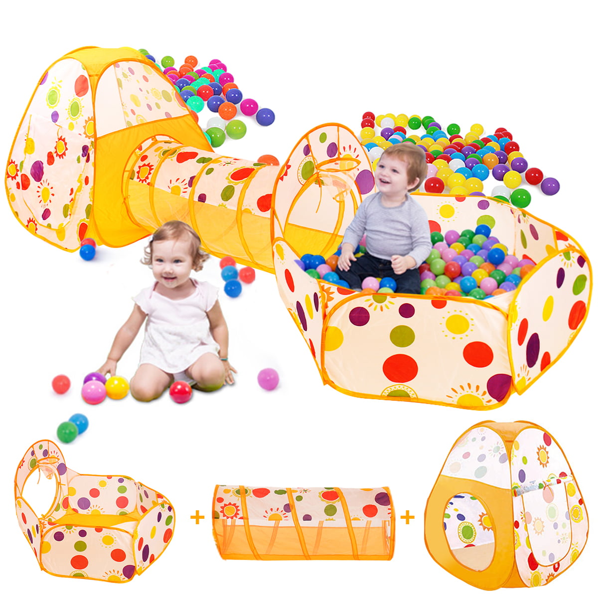 Toddler Playhouse for Indoor & Outdoor SparkleDay 3 pc Kids Princess Castle Play Tent Crawl Tunnel & Ball Pit with Basketball Hoop Toys for Girls and Boys 