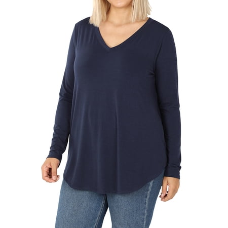 Women & Plus(S-3X) Relaxed Fit Long Sleeve V-Neck Round Hem Jersey Tee Shirt Top (Single & Multi-Packs Available) price history on PriceWatchPro