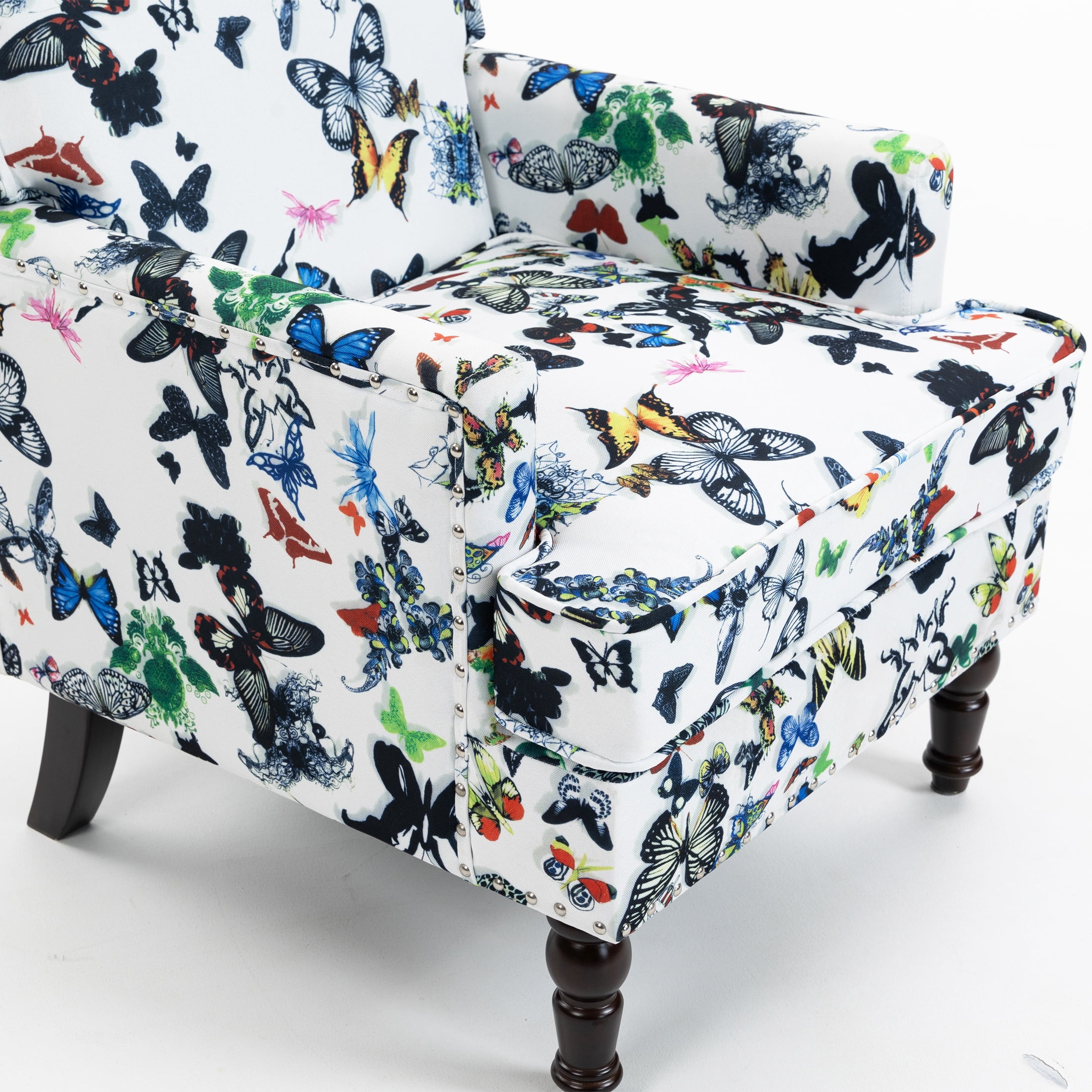 PORKISS Modern Accent Chair, Upholstered Arm Chair Linen Fabric Reading Chair with Solid Wood Legs, Single Sofa for Living Room Bedroom Sunroom, Butterfly Pattern